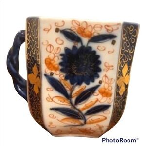 Antique Japanese tea cup hand painted octagon Rare Ornate Gold Accent